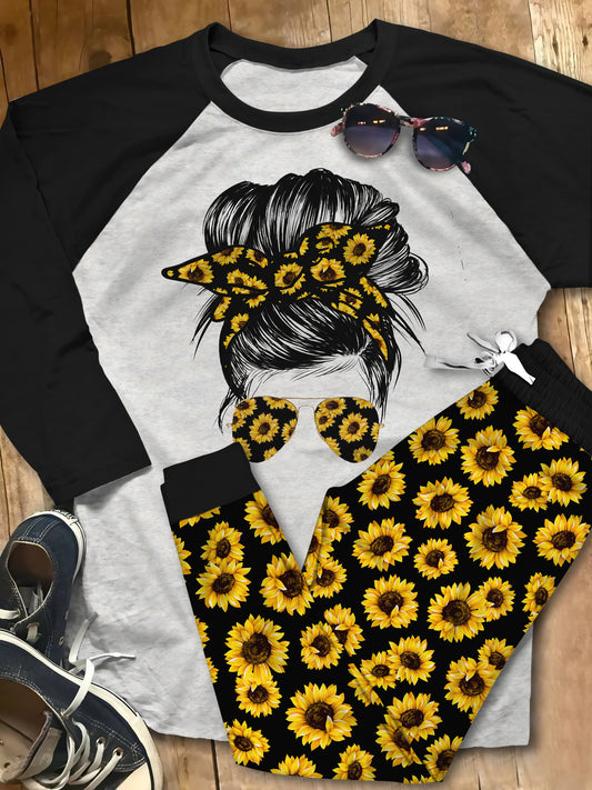 Hippie Set Sunflower Girl Pajama Set |Sleepwear Pjs Sets | Raglan Shirt Pants Set