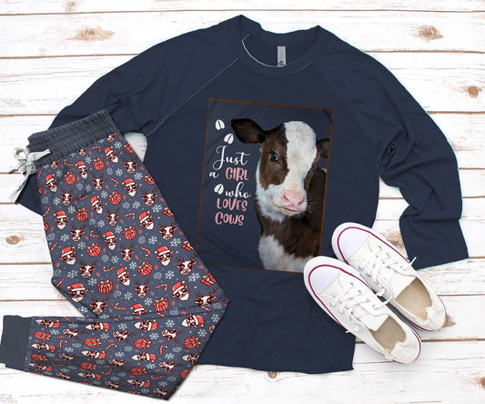 Cow Set Just A Girl Who Loves Cows Qt Pajama Set |Sleepwear Pjs Sets | Raglan Shirt Pants Set
