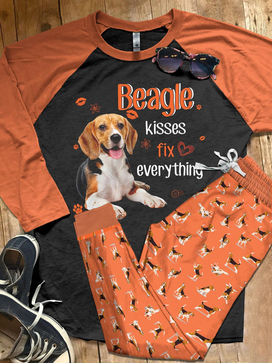 Beagle Set Beagle Kisses Fix Everything Pajama Set |Sleepwear Pjs Sets | Raglan Shirt Pants Set