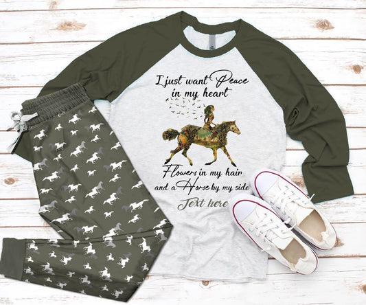 Horse Personalized Peace Pajama Set |Sleepwear Pjs Sets | Raglan Shirt Pants Set