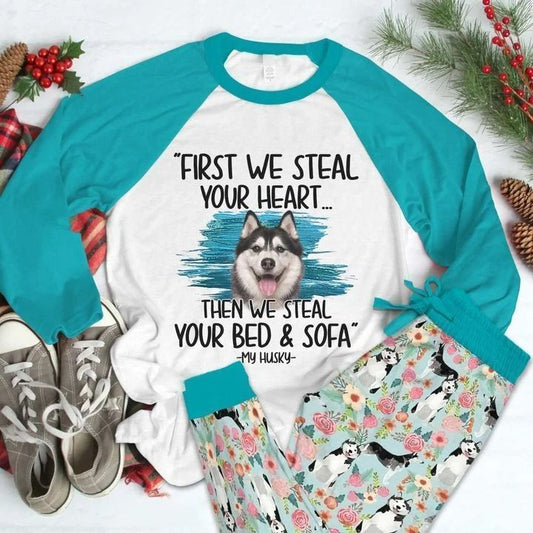 Husky Steal Your Heart Pajama Set |Sleepwear Pjs Sets | Raglan Shirt Pants Set