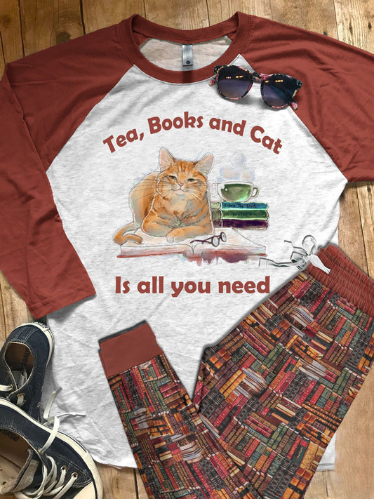 Tea, Book And Cat Maroon Good Quality Pajama Set |Sleepwear Pjs Sets | Raglan Shirt Pants Set