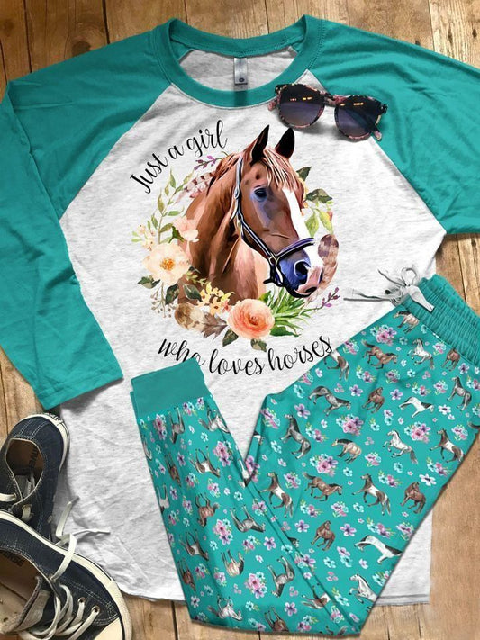 Horse Just A Girl Lightsea Teal Amazing Pajama Set |Sleepwear Pjs Sets | Raglan Shirt Pants Set