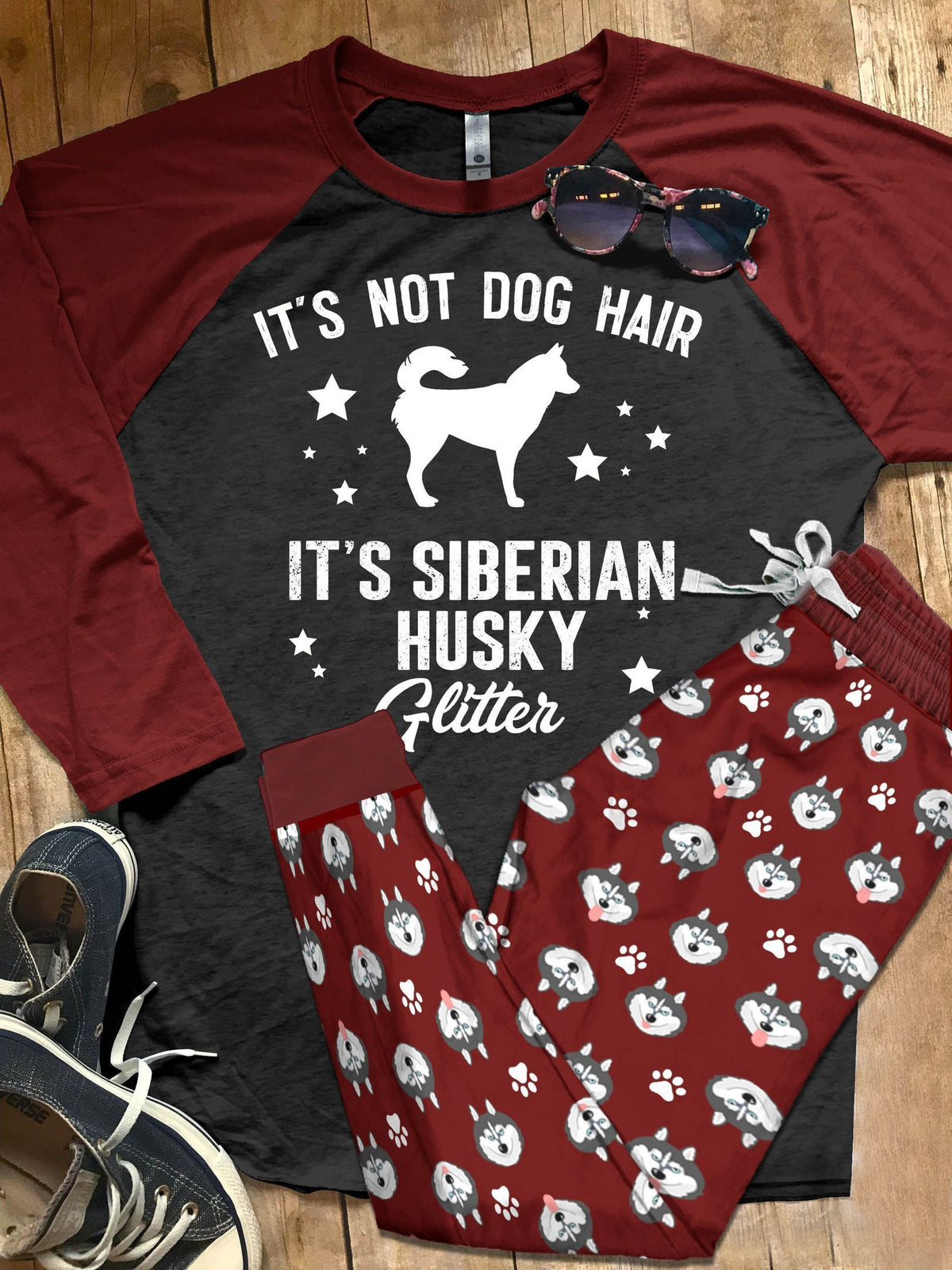 Husky Set It'S Husky Glitter Pajama Set |Sleepwear Pjs Sets | Raglan Shirt Pants Set