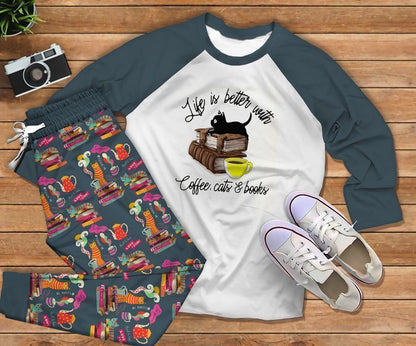 Cat Coffee Books Blue High Quality Pajama Set |Sleepwear Pjs Sets | Raglan Shirt Pants Set
