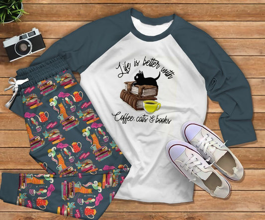 Cat Coffee Books Blue High Quality Pajama Set |Sleepwear Pjs Sets | Raglan Shirt Pants Set