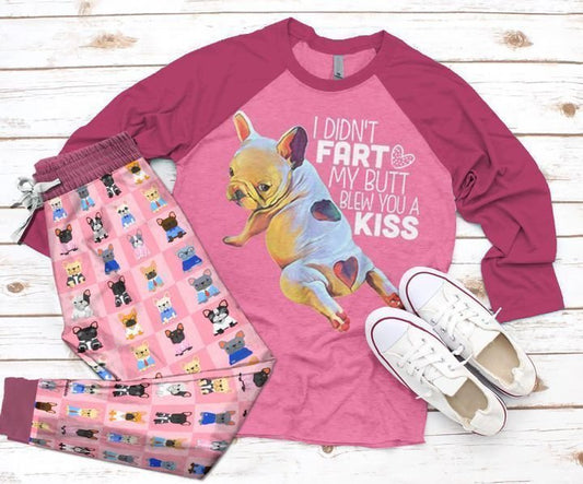 French Bulldog Pink Pattern Gr Pink Nice Pajama Set |Sleepwear Pjs Sets | Raglan Shirt Pants Set