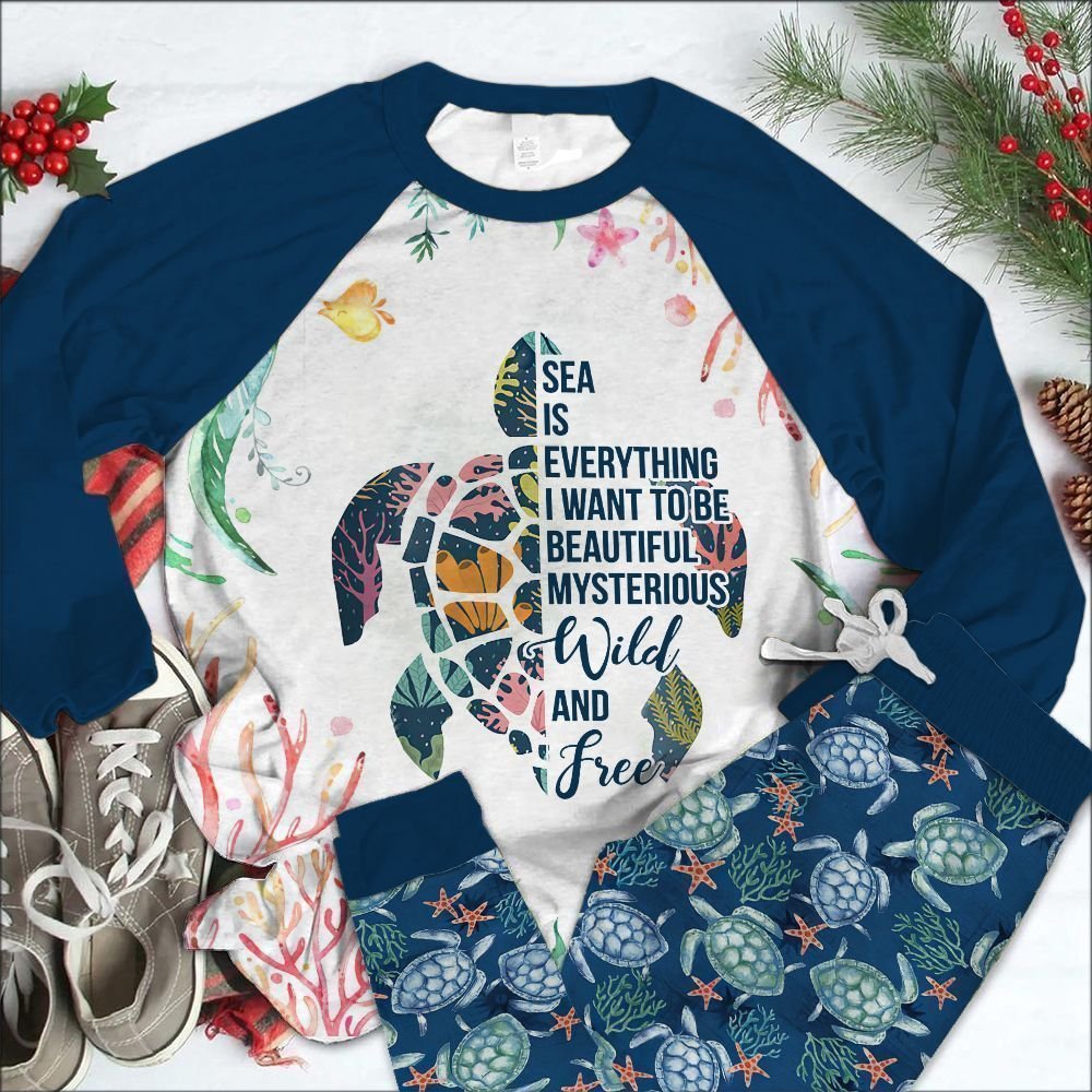 Sea Turtle Sea Is Everything Unique Pajama Set |Sleepwear Pjs Sets | Raglan Shirt Pants Set