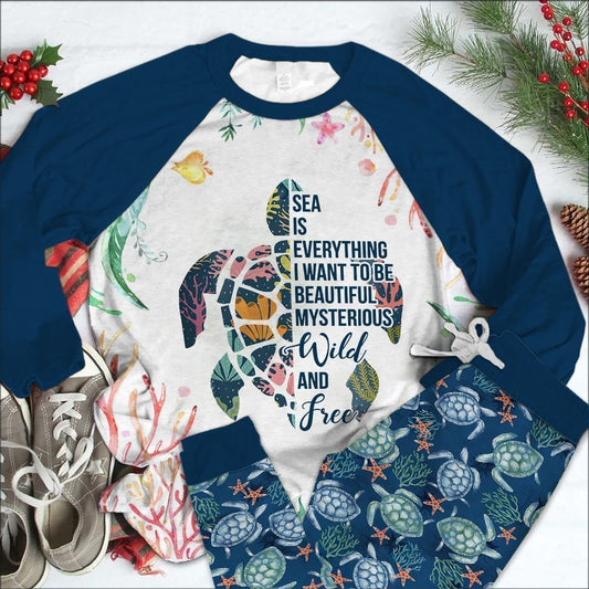 Sea Turtle Sea Is Everything Unique Pajama Set |Sleepwear Pjs Sets | Raglan Shirt Pants Set