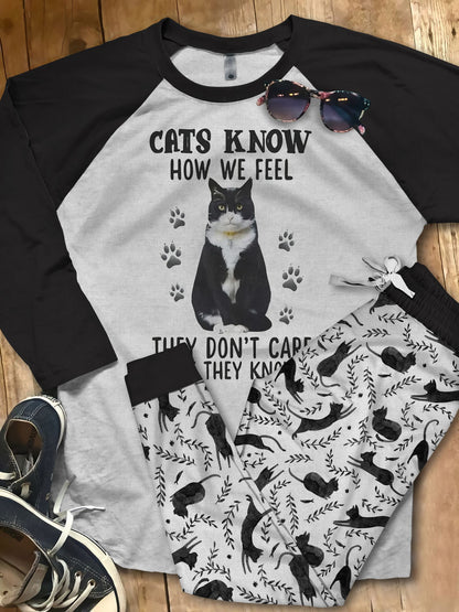 Cat The Kitty Black Awesome Pajama Set |Sleepwear Pjs Sets | Raglan Shirt Pants Set