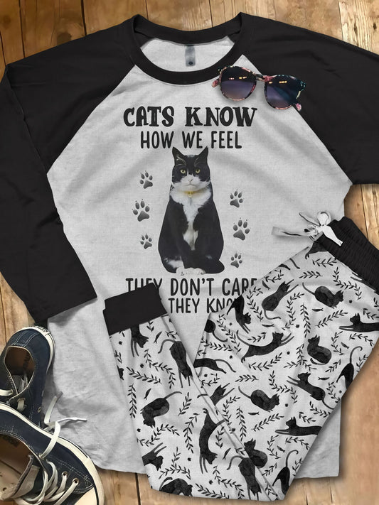 Cat The Kitty Black Awesome Pajama Set |Sleepwear Pjs Sets | Raglan Shirt Pants Set