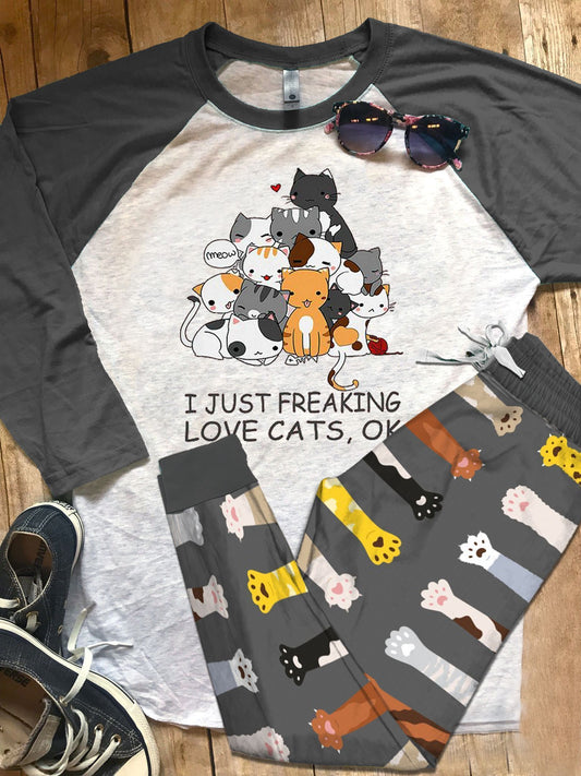 Cat Freaking Love Cats Grey High Quality Pajama Set |Sleepwear Pjs Sets | Raglan Shirt Pants Set