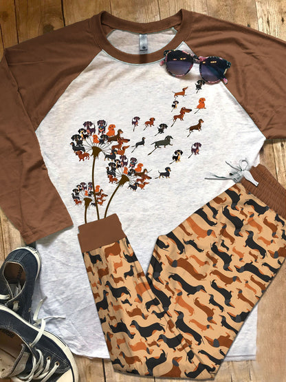 Dachshund Dandelion Brown Best Pajama Set |Sleepwear Pjs Sets | Raglan Shirt Pants Set