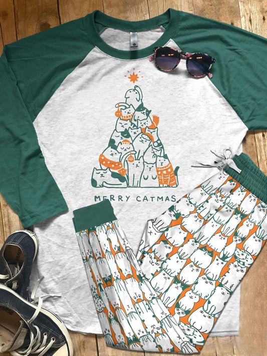 Cat Merry Catmas Teal Nice Pajama Set |Sleepwear Pjs Sets | Raglan Shirt Pants Set