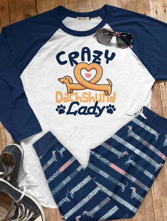Dachshund Set Crazy Dachshund Lady V Rw Pajama Set |Sleepwear Pjs Sets | Raglan Shirt Pants Set