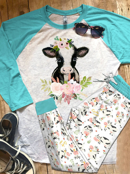 Cow Cow Flowers Pajama Set |Sleepwear Pjs Sets | Raglan Shirt Pants Set