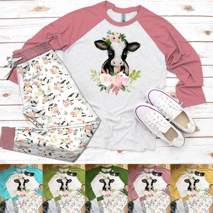 Cow Cow Flowers Pajama Set |Sleepwear Pjs Sets | Raglan Shirt Pants Set