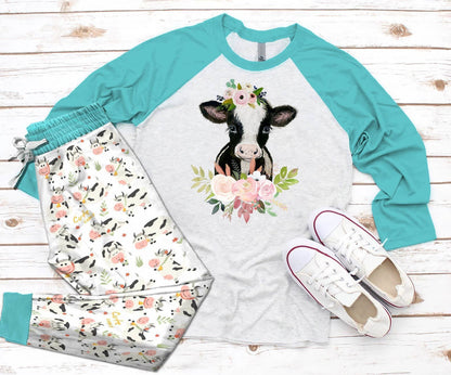 Cow Cow Flowers Pajama Set |Sleepwear Pjs Sets | Raglan Shirt Pants Set