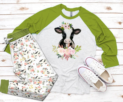 Cow Cow Flowers Pajama Set |Sleepwear Pjs Sets | Raglan Shirt Pants Set