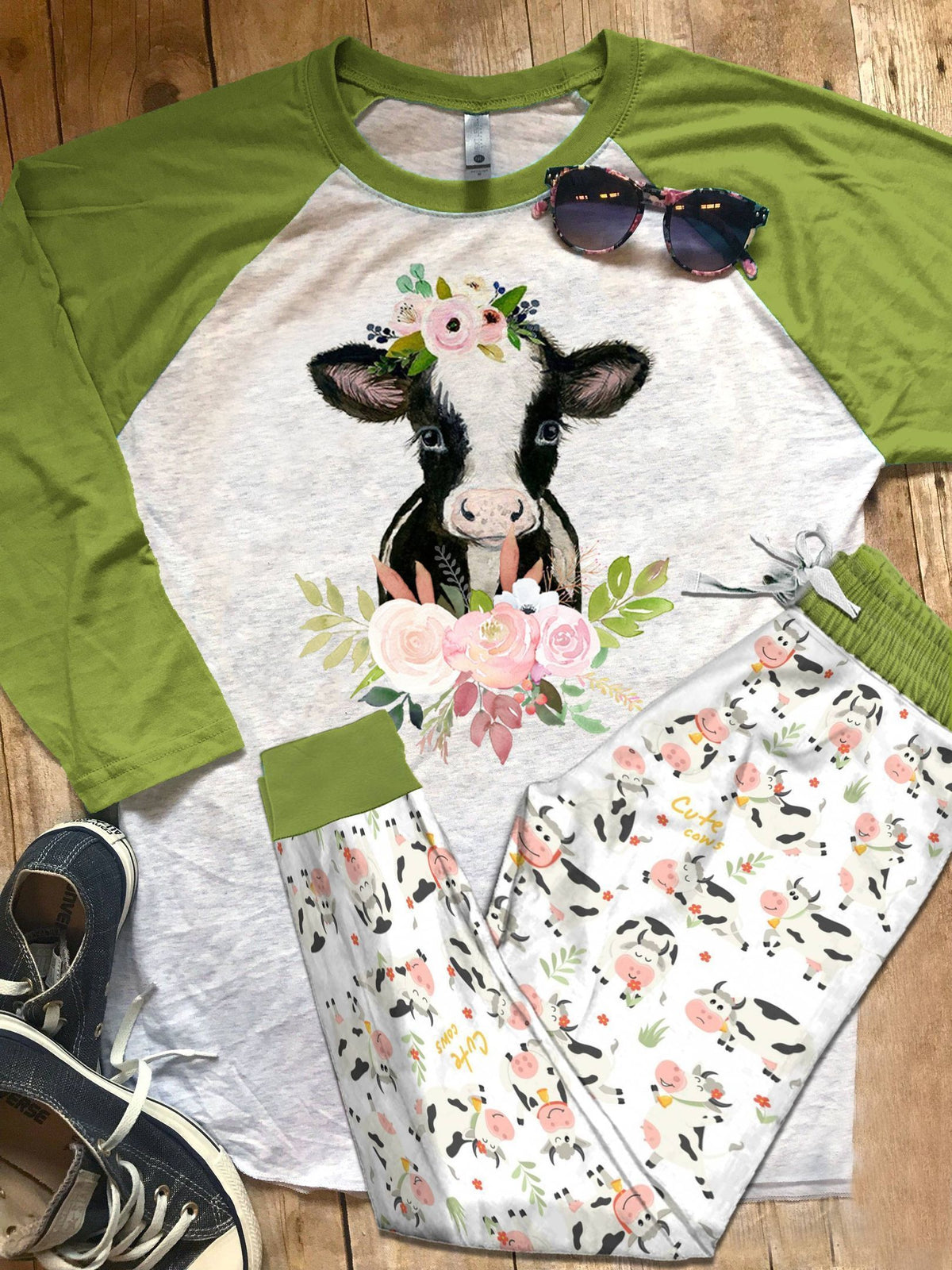 Cow Cow Flowers Pajama Set |Sleepwear Pjs Sets | Raglan Shirt Pants Set