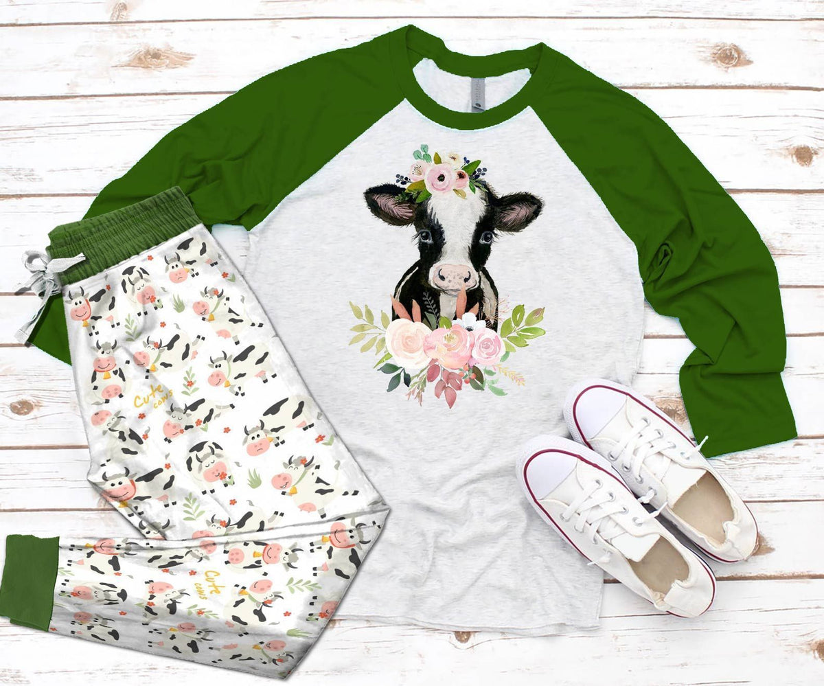 Cow Cow Flowers Pajama Set |Sleepwear Pjs Sets | Raglan Shirt Pants Set