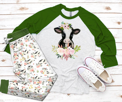 Cow Cow Flowers Pajama Set |Sleepwear Pjs Sets | Raglan Shirt Pants Set