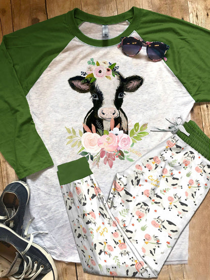 Cow Cow Flowers Pajama Set |Sleepwear Pjs Sets | Raglan Shirt Pants Set