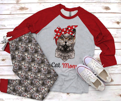 Cat Mom Red Awesome Pajama Set |Sleepwear Pjs Sets | Raglan Shirt Pants Set