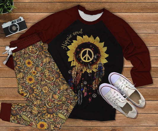 Hippie Sunflower Peace Wk Pajama Set |Sleepwear Pjs Sets | Raglan Shirt Pants Set