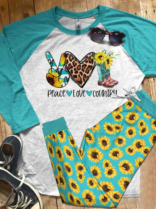 Cowgirl Set Peace Love Country Pajama Set |Sleepwear Pjs Sets | Raglan Shirt Pants Set