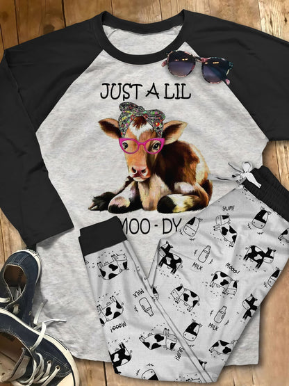 Cow Lil Moody Pajama Set |Sleepwear Pjs Sets | Raglan Shirt Pants Set