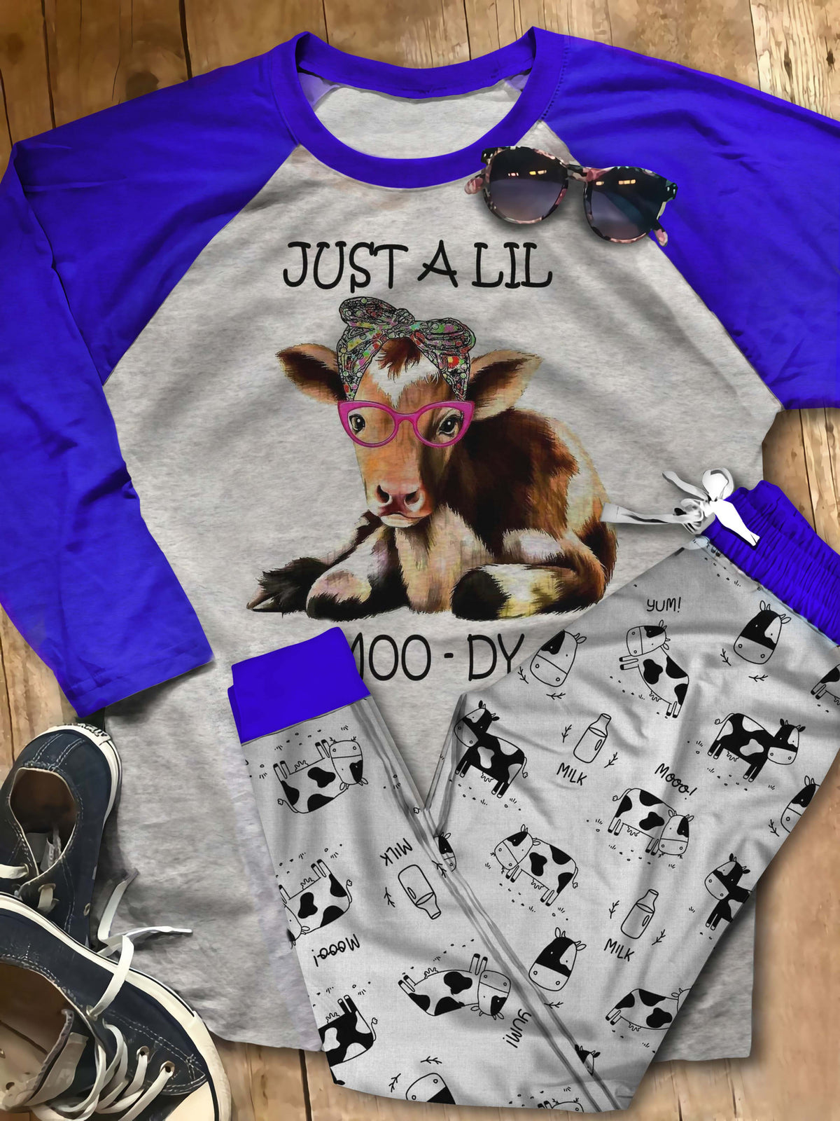 Cow Lil Moody Pajama Set |Sleepwear Pjs Sets | Raglan Shirt Pants Set