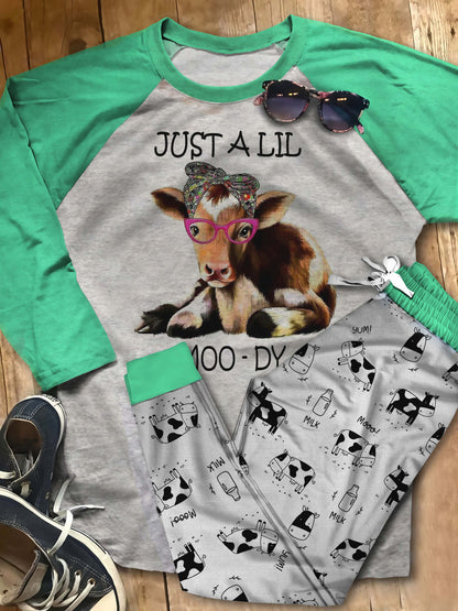 Cow Lil Moody Pajama Set |Sleepwear Pjs Sets | Raglan Shirt Pants Set