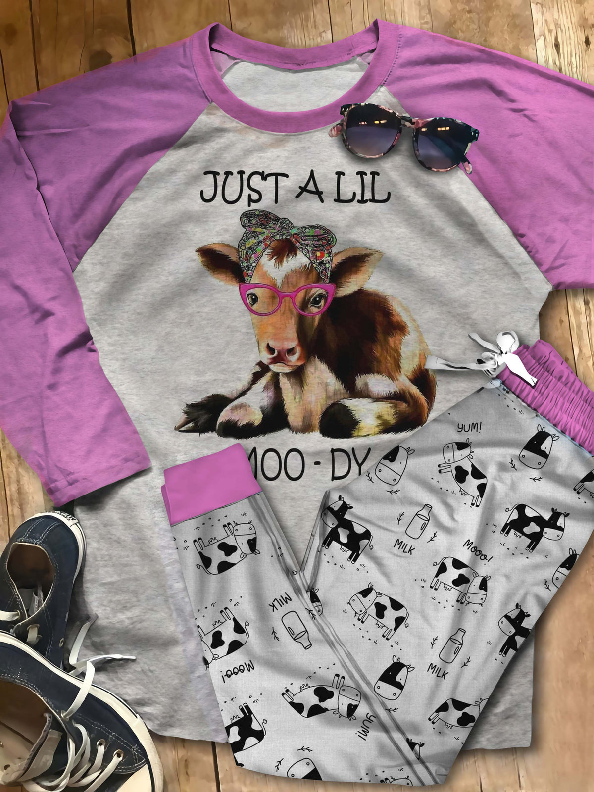 Cow Lil Moody Pajama Set |Sleepwear Pjs Sets | Raglan Shirt Pants Set
