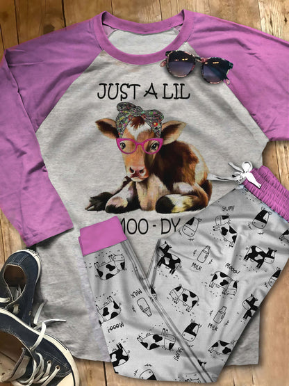 Cow Lil Moody Pajama Set |Sleepwear Pjs Sets | Raglan Shirt Pants Set