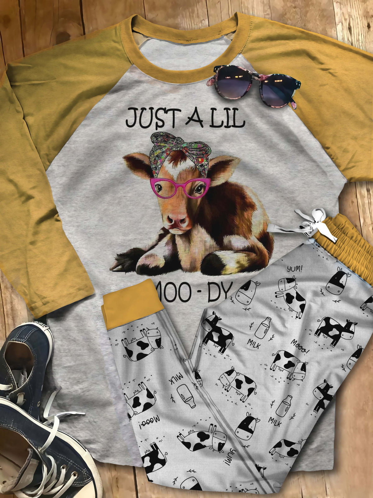 Cow Lil Moody Pajama Set |Sleepwear Pjs Sets | Raglan Shirt Pants Set