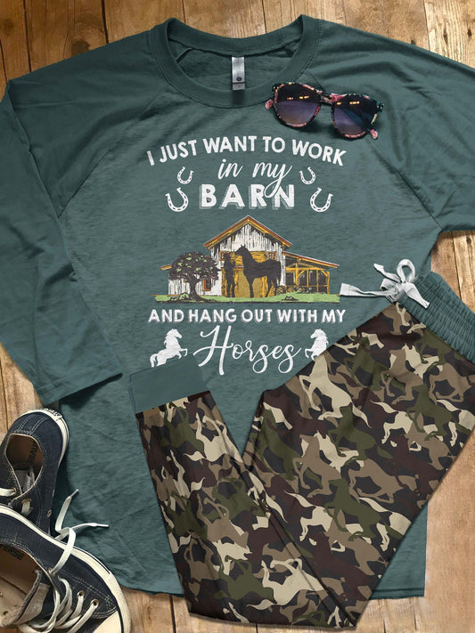 Horse Hanging Out With My Horses Blue Nice Pajama Set |Sleepwear Pjs Sets | Raglan Shirt Pants Set