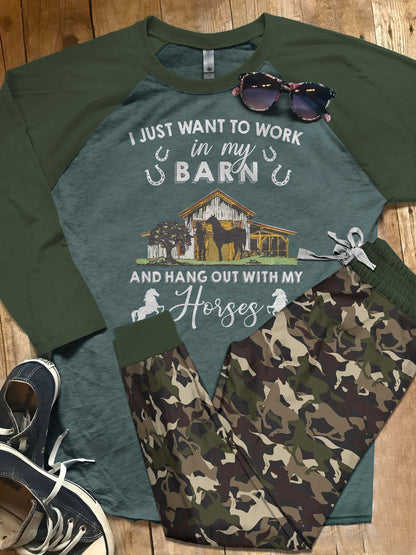 Horse Hanging Out With My Horses Blue Nice Pajama Set |Sleepwear Pjs Sets | Raglan Shirt Pants Set