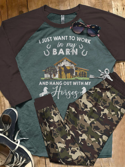 Horse Hanging Out With My Horses Blue Nice Pajama Set |Sleepwear Pjs Sets | Raglan Shirt Pants Set