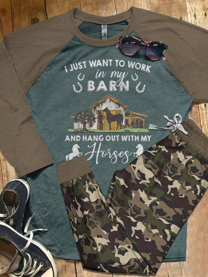 Horse Hanging Out With My Horses Blue Nice Pajama Set |Sleepwear Pjs Sets | Raglan Shirt Pants Set