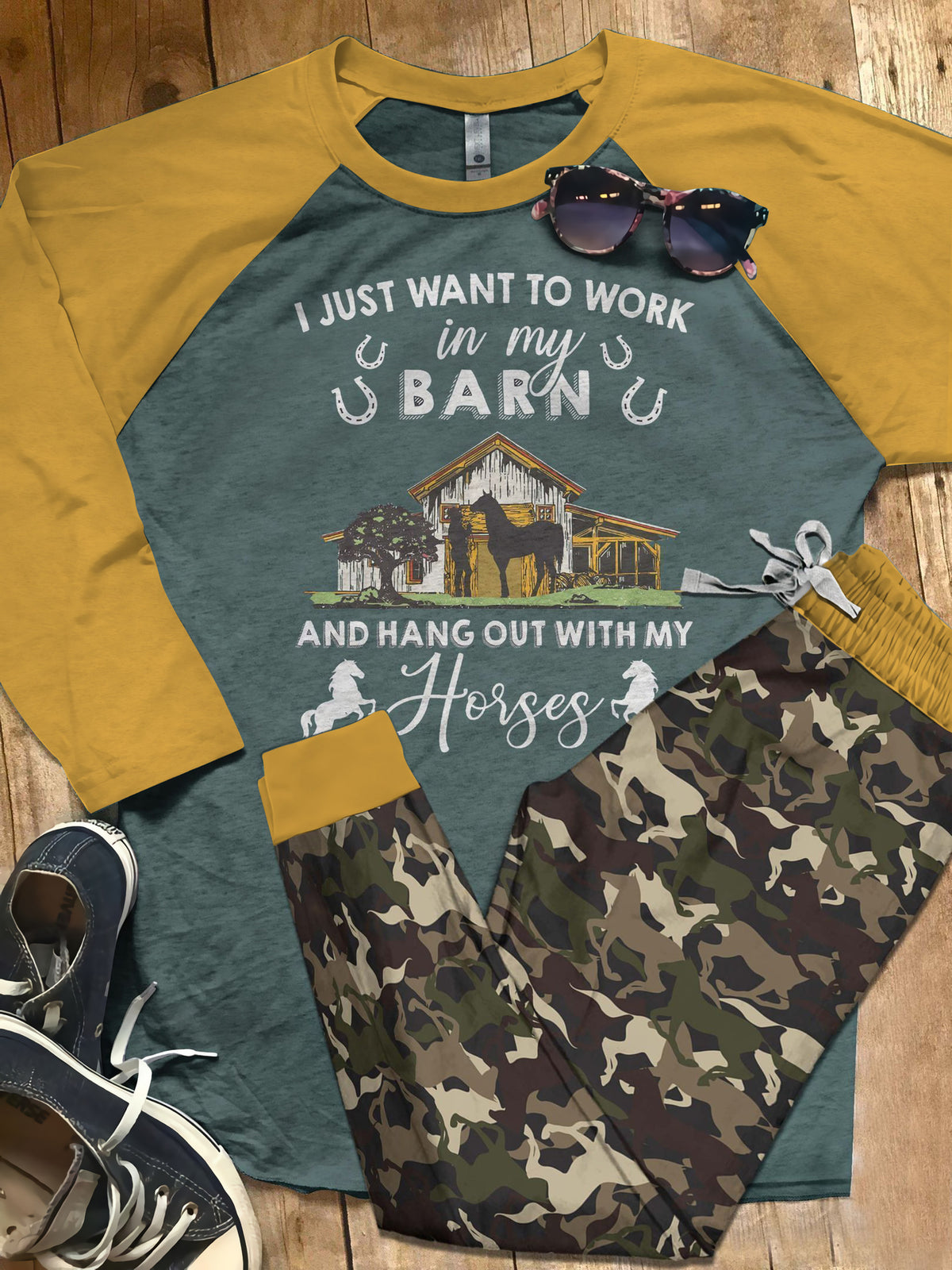 Horse Hanging Out With My Horses Blue Nice Pajama Set |Sleepwear Pjs Sets | Raglan Shirt Pants Set