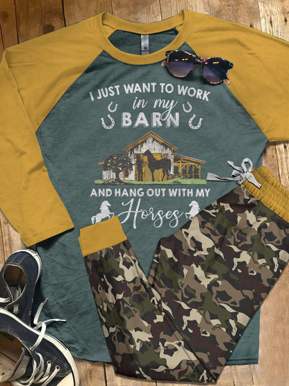 Horse Hanging Out With My Horses Blue Nice Pajama Set |Sleepwear Pjs Sets | Raglan Shirt Pants Set