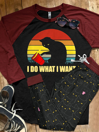 Black Cat Do What I Want Pajama Set |Sleepwear Pjs Sets | Raglan Shirt Pants Set