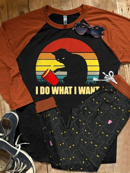 Black Cat Do What I Want Pajama Set |Sleepwear Pjs Sets | Raglan Shirt Pants Set