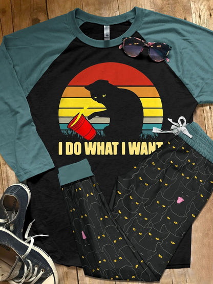 Black Cat Do What I Want Pajama Set |Sleepwear Pjs Sets | Raglan Shirt Pants Set