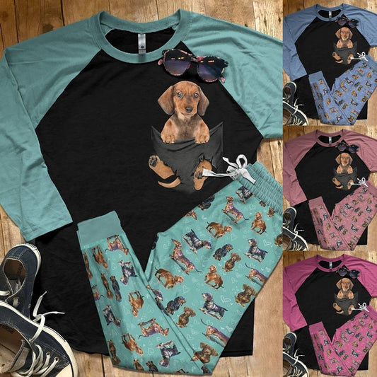 Dachshund Set Dachshund The Cute Pocket Pajama Set |Sleepwear Pjs Sets | Raglan Shirt Pants Set