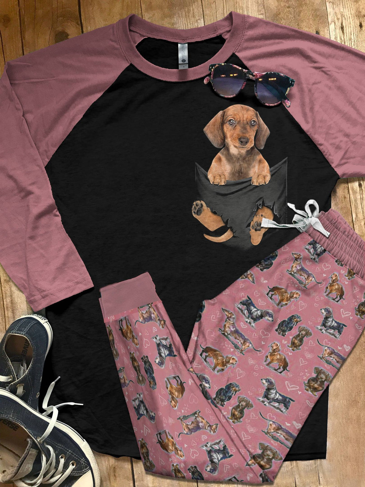 Dachshund Set Dachshund The Cute Pocket Pajama Set |Sleepwear Pjs Sets | Raglan Shirt Pants Set