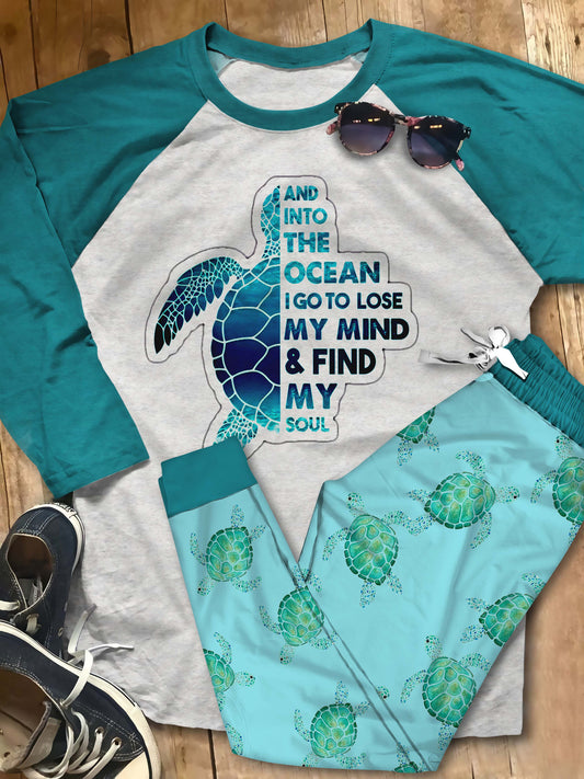 Sea Turtle Into The Ocean Pajama Set |Sleepwear Pjs Sets | Raglan Shirt Pants Set