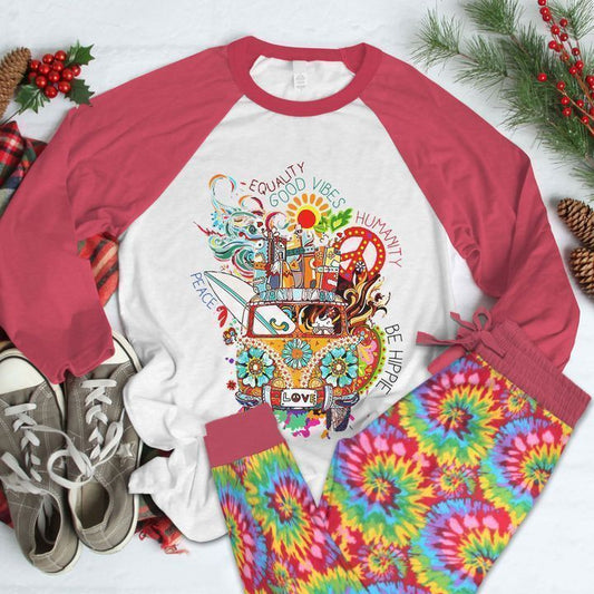 Hippie Good Vibes Pink Nice Pajama Set |Sleepwear Pjs Sets | Raglan Shirt Pants Set