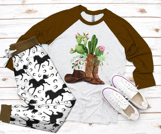 Cowgirl Brown Amazing Pajama Set |Sleepwear Pjs Sets | Raglan Shirt Pants Set